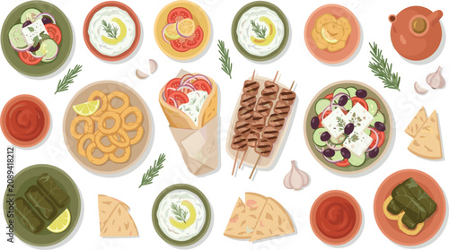 Bild auf Leinwand Traditional Greek Cuisine and Mediterranean Food Icon Set with Souvlaki, Gyros,