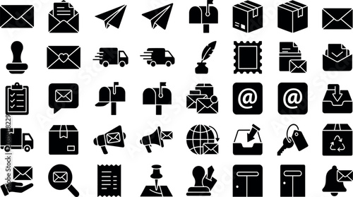 Foto Postal Service and Email Logistics Solid Glyph Icon Set with Envelopes, Delivery