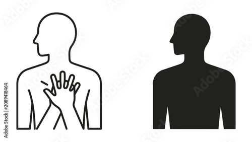 Fotografi CPR Symbol: Two simplified human figures, one in outline with hands pressed to the chest and the other in silhouette, representing the action and recipient of cardiopulmonary resuscitation