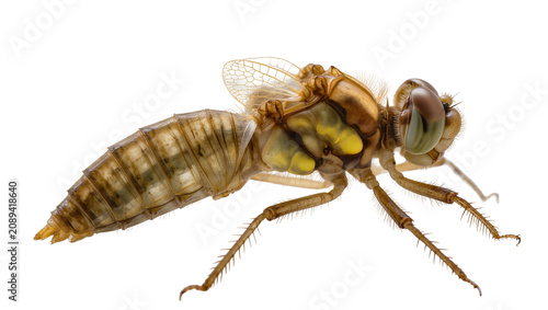 Foto Isolated close-up of a detailed dragonfly exuvia, the empty shed skin of an inse