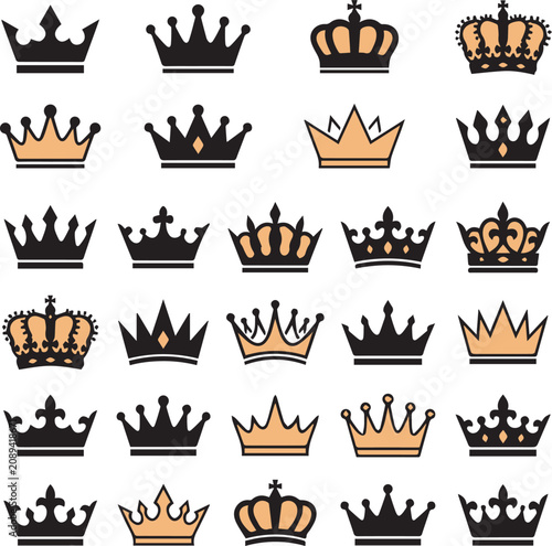 Collection of 20 unique crown icons in black and gold