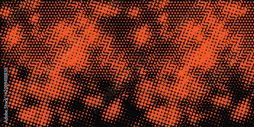 Foto Abstract two-tone background with heavily distressed black halftone dots over a vibrant orange texture, creating a raw and urban grunge effect