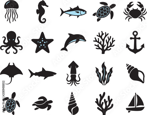 Oceanic silhouette icons set