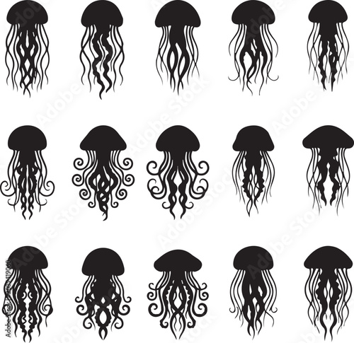 Black silhouette jellyfish collection marine life vector set ocean creature graphic elements