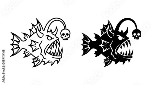 Фотография Anglerfish Illustration: A menacing anglerfish, depicted in both outline and silhouette, with sharp teeth and a skull lure, ready to strike in the deep sea