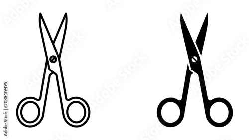 Fotografía Two pairs of scissors: A graphic representation of scissors, one outlined and one solid black, poised for use