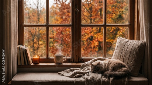 Sleeping cat resting on a cozy window seat during a peaceful autumn day