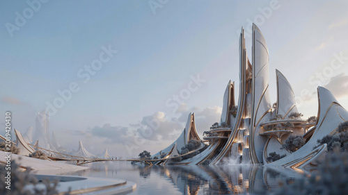 Futuristic cityscape, sleek skyscrapers, modern architecture, waterfront buildings, silver spires 4k wallpaper