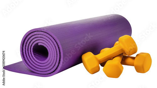 Photos Isolated purple yoga mat and yellow dumbbells, essential equipment for fitness and workouts