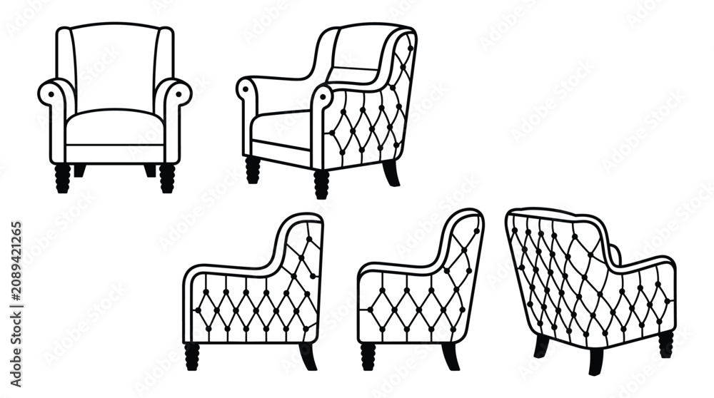 Fototapeta premium Set of classic armchair outlines, various angles showing elegant tufted design and rolled arms, vintage style lounge chair.