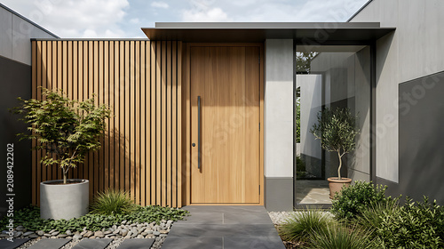 Modern minimalist front entrance of a contemporary house featuring natural wood door and sleek garden design with potted plants