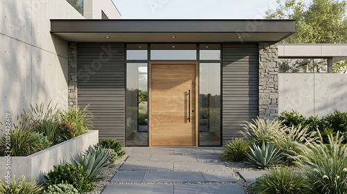 Modern minimalist house entrance featuring wooden door, glass panels, concrete pathway, lush greenery, and contemporary