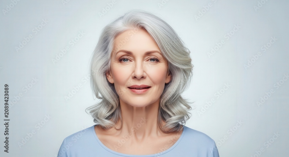 Fototapeta premium Close-up studio portrait of an elegant mature woman with silver hair smiling serenely, representing healthy aging and skin care on a blue background.