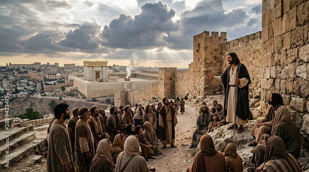Obraz premium Jesus christ preaching to a crowd of disciples near the ancient city walls of jerusalem with the temple background