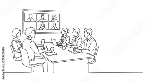 Continuous line drawing of a business meeting with remote video conference participants