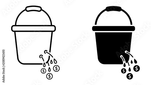 Leaky Bucket Icons: Two stylized bucket icons, one outlined and one solid black, depict coins with dollar signs falling from a damaged spout, symbolizing financial loss or inefficiency.