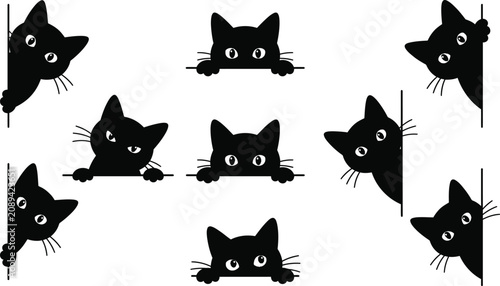 Canvas Print Cute Black Cat Peeking Faces Cartoon Vector Illustration Isolated Character Coll