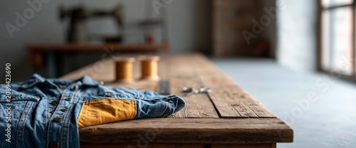 Denim jacket on rustic wooden table