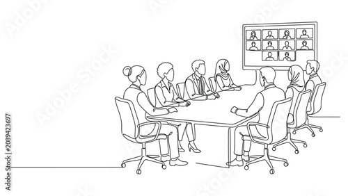 Continuous line drawing of a business team in a video conference meeting