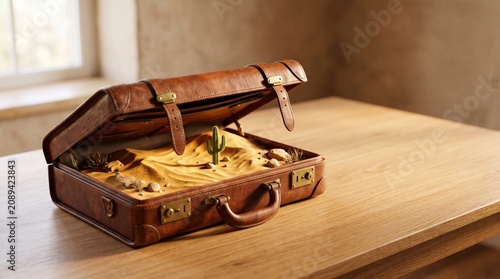 Open briefcase with a miniature desert landscape inside, concept of work-life balance and wanderlust