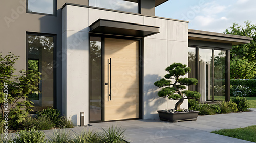 Modern minimalist house with clean architectural lines, large windows, and a landscaped front yard featuring a bonsai tree and