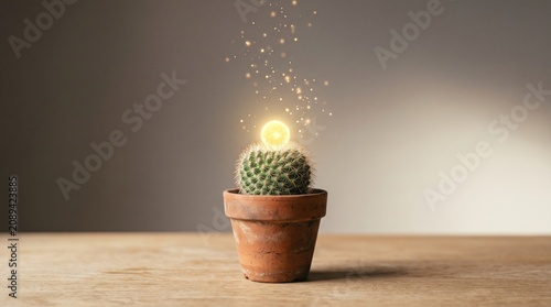 Potted cactus with a glowing sun above it, concept of energy and growth
