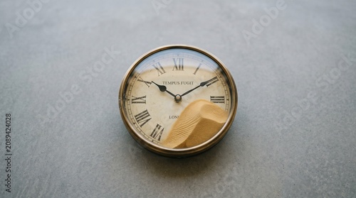 Antique clock face with a sand dune inside, concept of time slipping away