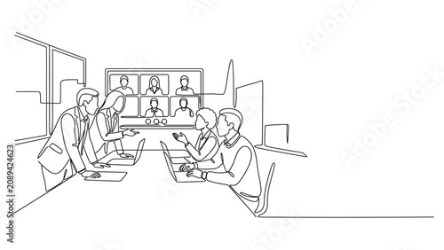 Continuous line drawing of a business meeting with video conference call