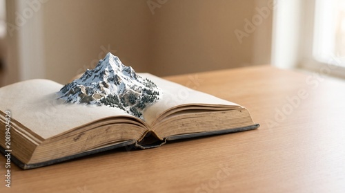 Open book with a snow-capped mountain rising from its pages, concept of adventure through knowledge