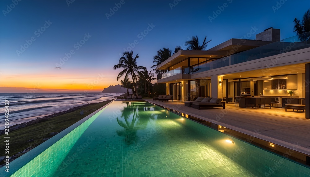 Fototapeta premium Modern luxury mansion on the oceanfront with glowing pool and terrace at sunset, real estate . 