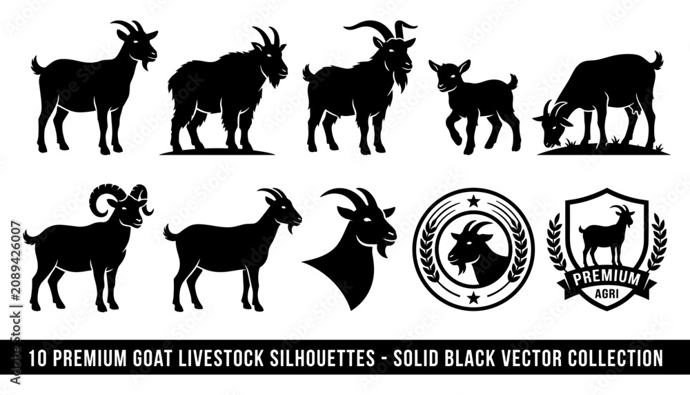 Fototapeta premium Goat Livestock Silhouettes Solid Black Vector Collection with Premium Agribusiness Badge and Emblem Shapes