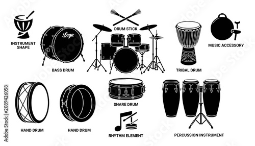 Photos Drum Instrument Icons Set with Bass, Hand, Snare, Tribal and Percussion Elements