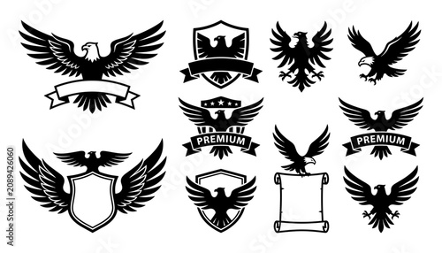 Eagle Badges and Emblems Set with Wings and Premium Ribbon Banners for Fantasy Emblem Design Featuring Badge, Shield, Crown