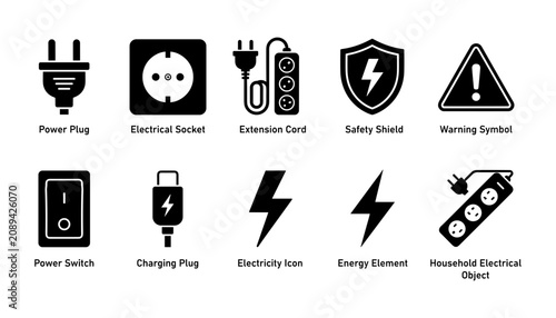 Electrical Safety Icons Set with Power Plug, Sockets, Lightning Bolts, Shield and Warning Triangle Symbols