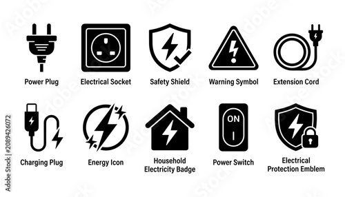 Electricity Safety Icons Set with Power Plug, Socket, Warning Shield, Charging Plug, and Switch Symbols for Design