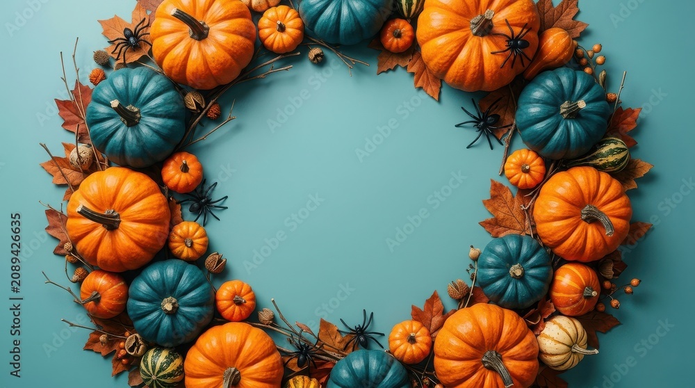 Fototapeta premium Autumnal Pumpkin Wreath on Teal Background for Halloween