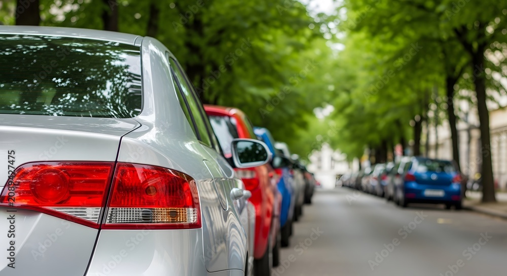 Naklejka premium Cars parked along a tree-lined street on a sunny day