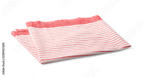 Cuadro en lienzo Neatly folded red-and-white striped kitchen towel on a white background