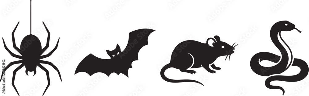 Fototapeta premium Halloween animal silhouettes set spider, bat, rat, snake