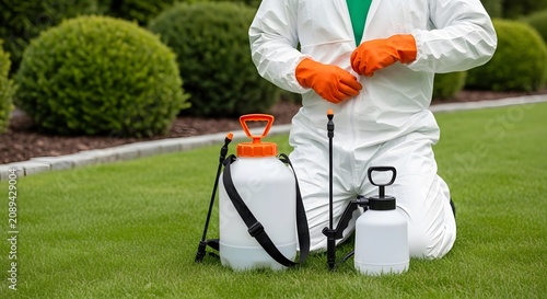 Pest control worker with equipment on green lawn