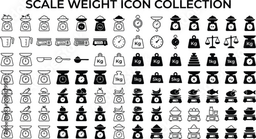 Scale Weight Icon Collection - Various Kitchen Scales and Food Items for Measurement and Cooking Needs
