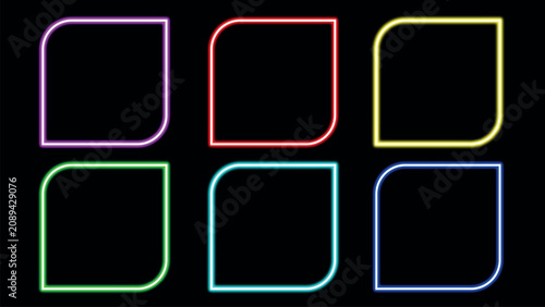 Neon rounded square icons, Glowing geometric frames, Colorful futuristic outline shapes
