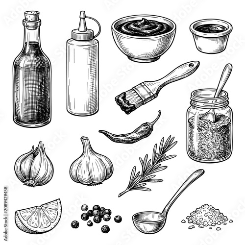 Hand drawn bbq sauce bottle, bowl, and condiment icon set, black ink sketch vector isolated on white background