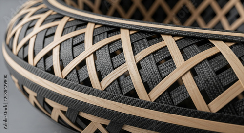 Intricate woven bamboo texture, modern black and natural wood basketry pattern, contemporary artisanal craft design for interior decor