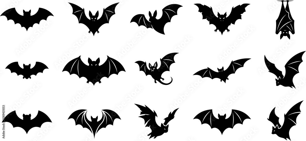 Fototapeta premium Diverse silhouette collection of bats in flight and resting positions for halloween designs
