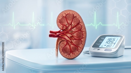 Hypertension concept showing chronic high blood pressure causing kidney damage and reduced kidney function