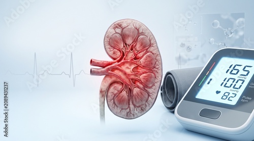 Hypertension concept showing chronic high blood pressure causing kidney damage and reduced kidney function