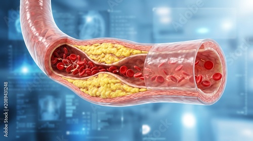 High cholesterol concept illustrating artery blockage and cardiovascular disease risk