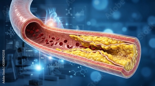 High cholesterol concept illustrating artery blockage and cardiovascular disease risk