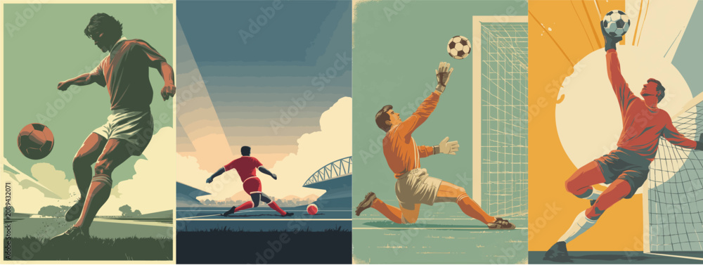 Obraz premium Vintage soccer poster set with retro football players and goalkeepers in classic athletic illustration style